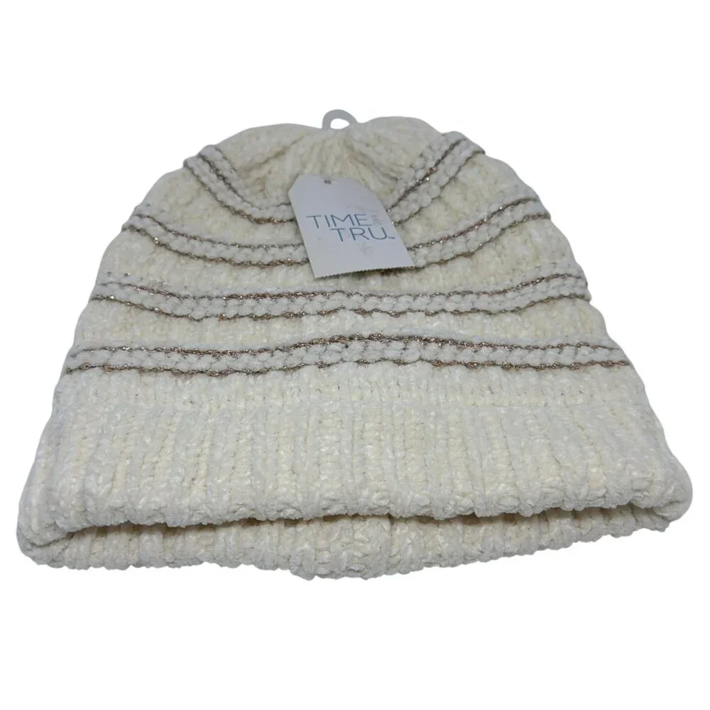 NWT Time and Tru Cream Beanie Hat One Size Metallic Stripe Knit Cozy Winter Cap‎